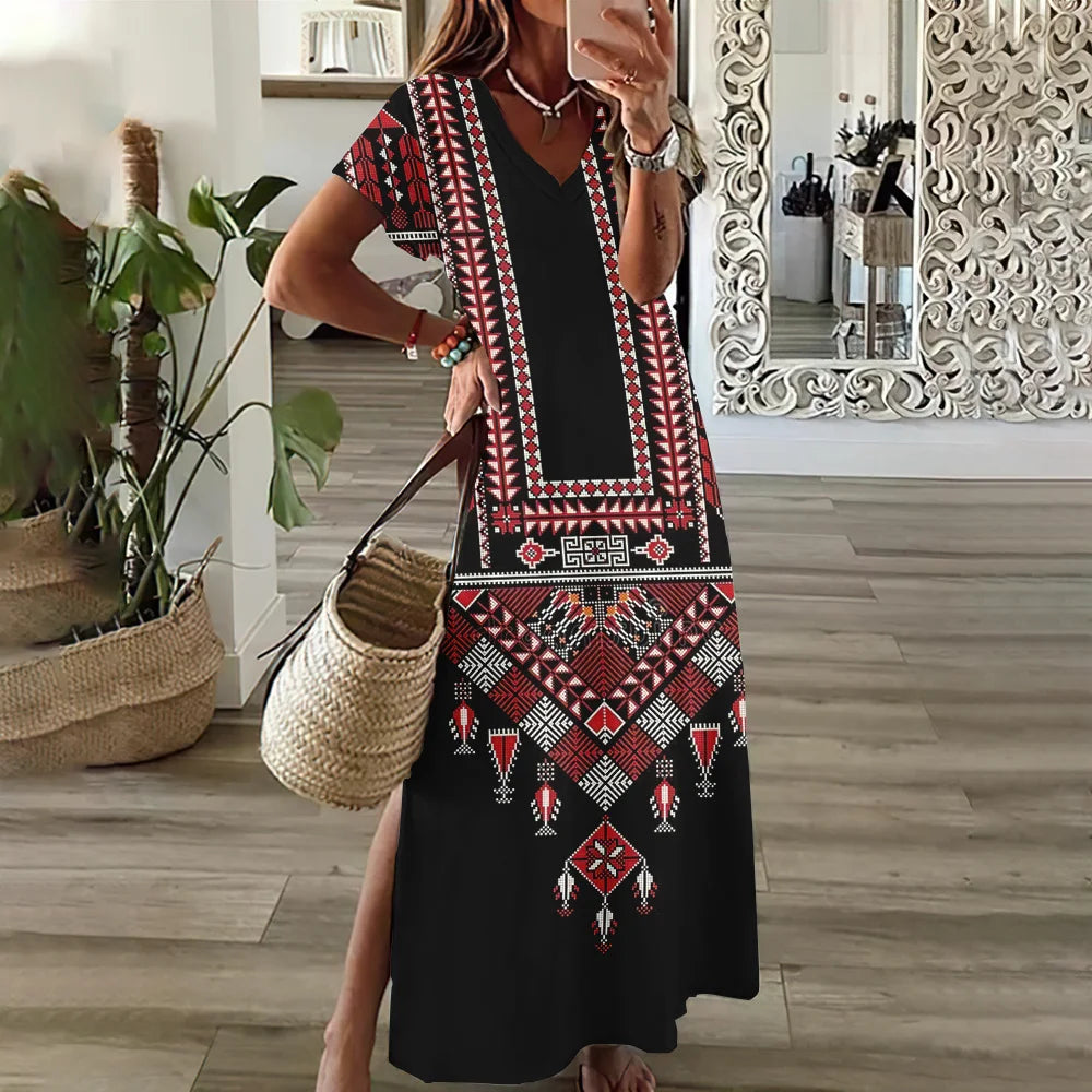 Women’s V-Neck Bohemian Dress – Short Sleeve Summer Skirt with Slit