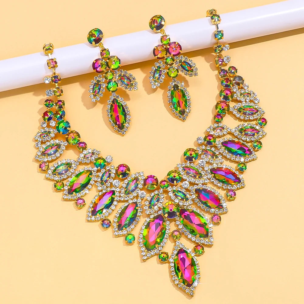 Exaggerated Leaf Rhinestone Jewelry Set – African Bridal Necklace & Earrings