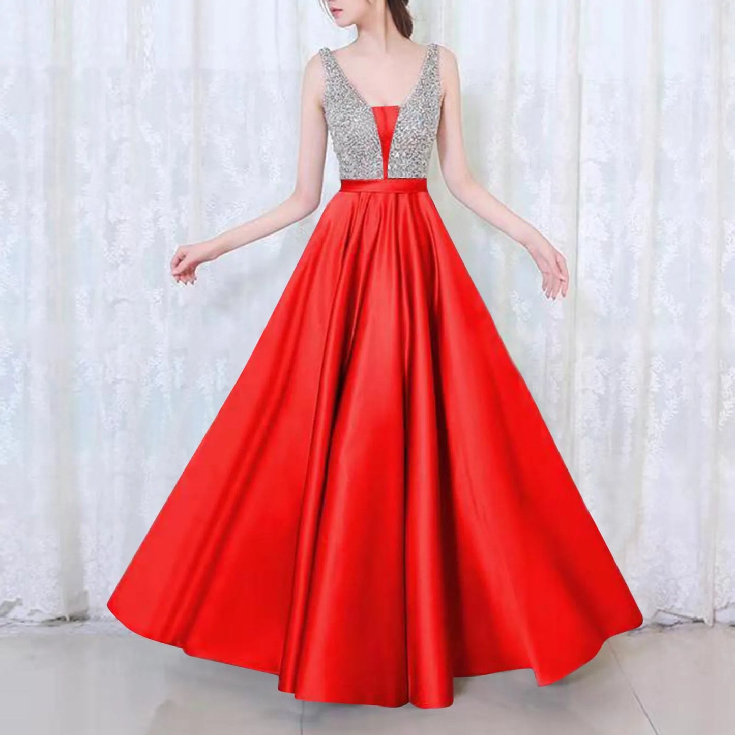 Sequin V-Neck Evening Dress – Elegant Sleeveless Sparkly Prom Gown