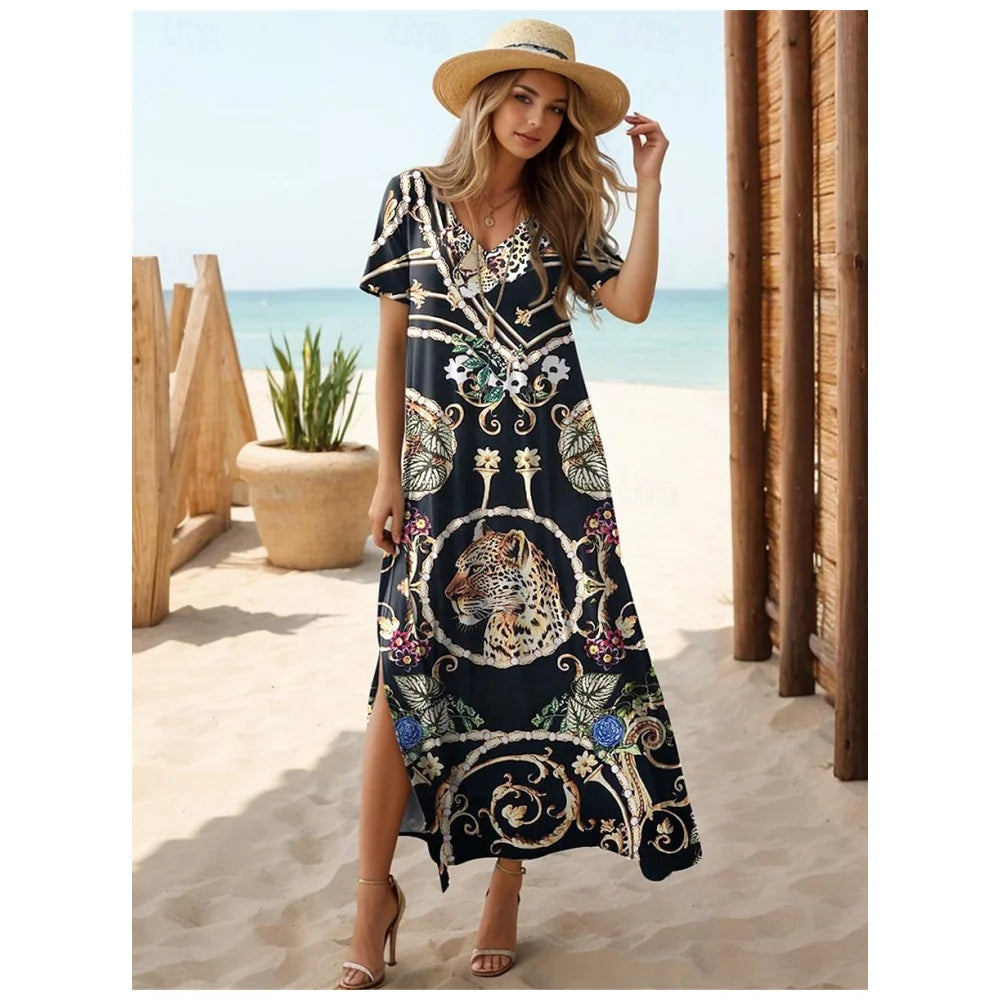Women’s V-Neck Bohemian Dress – Short Sleeve Summer Skirt with Slit