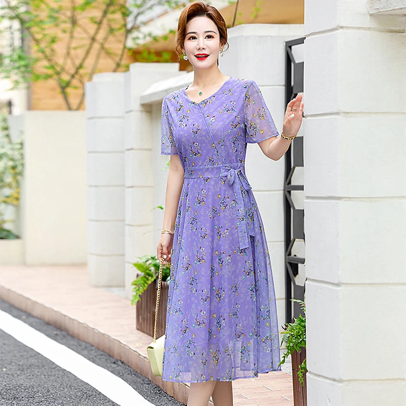 Summer Floral Print Chiffon Dress – Short Sleeve A-Line Beach Dress for Women