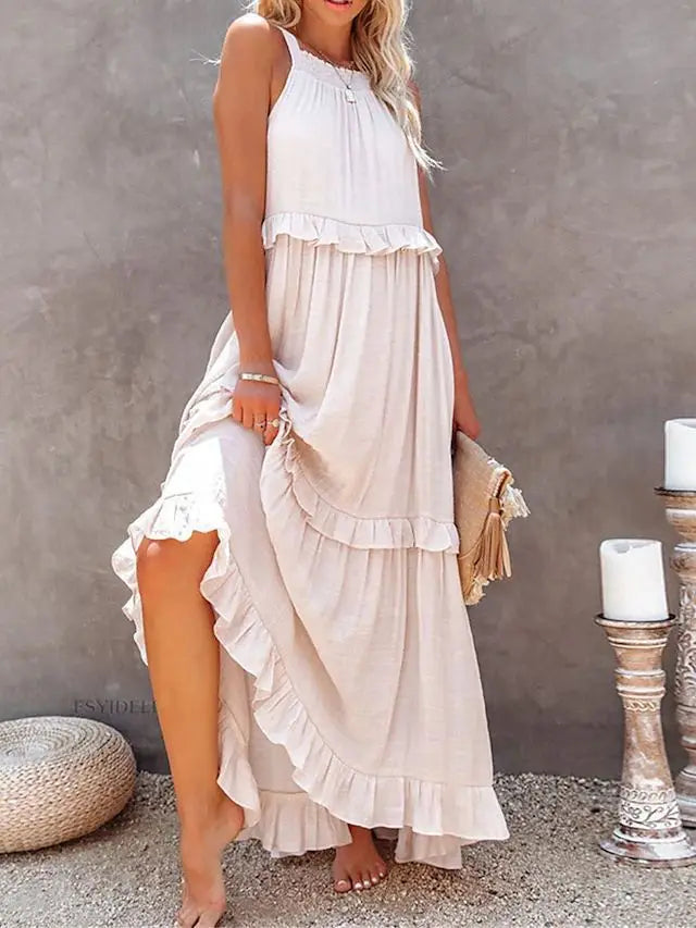 Women’s Spring/Summer Ruffle Edge Beach Skirt – Casual Solid Color Swing Maxi Skirt