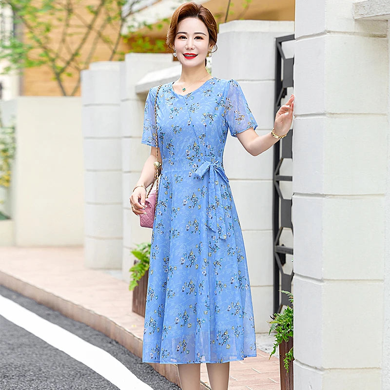 Summer Floral Print Chiffon Dress – Short Sleeve A-Line Beach Dress for Women