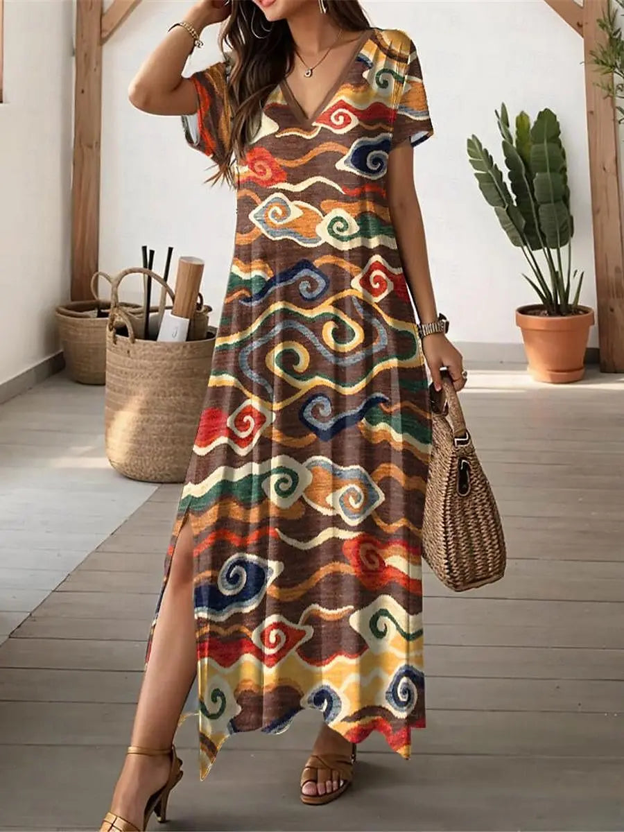 Women’s V-Neck Bohemian Dress – Short Sleeve Summer Skirt with Slit