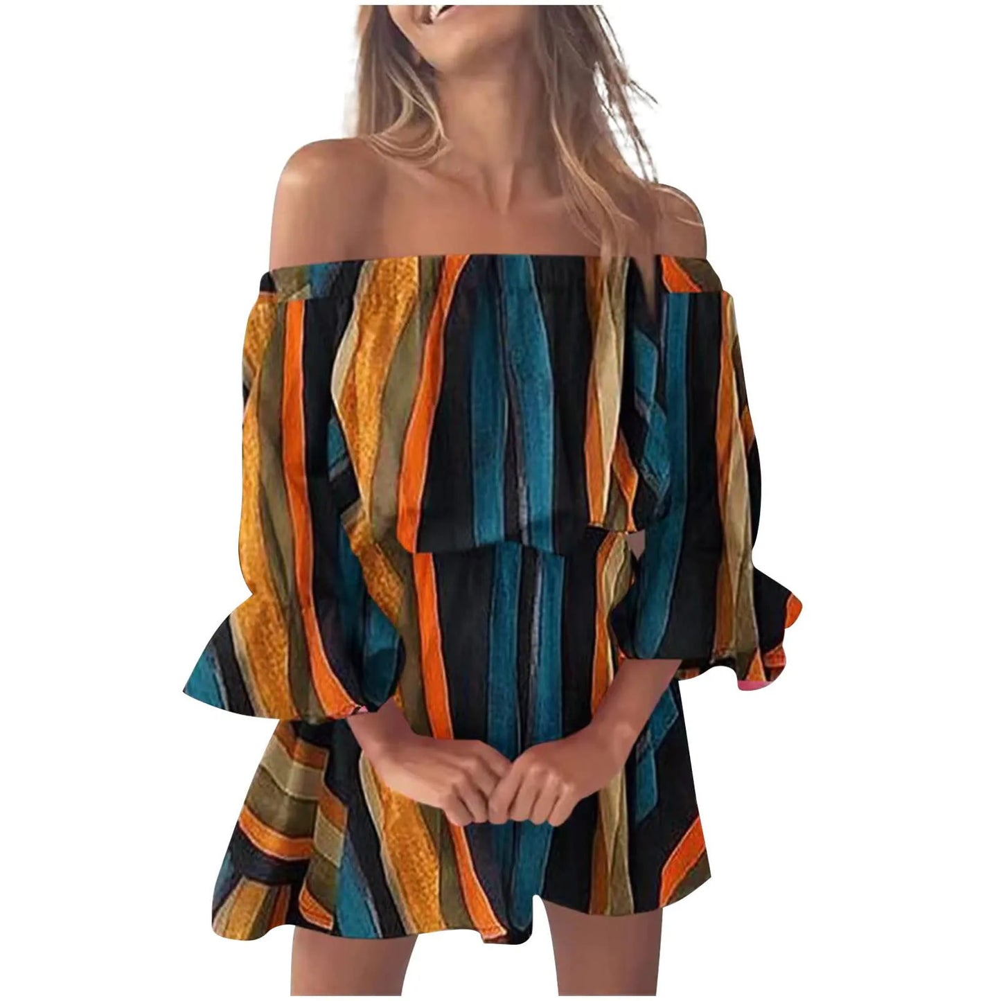 Women’s Gradient Off-Shoulder Boho Sundress – Summer Slash Neck with Ruffles