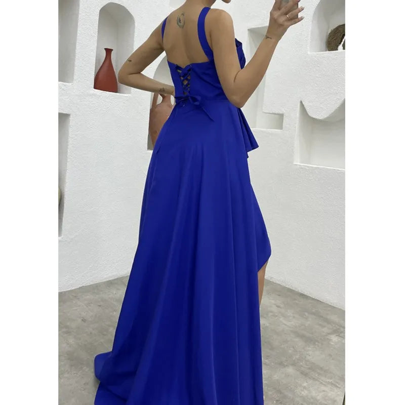 Elegant Sleeveless High Waist Ruffle Slit Corset Prom Dress