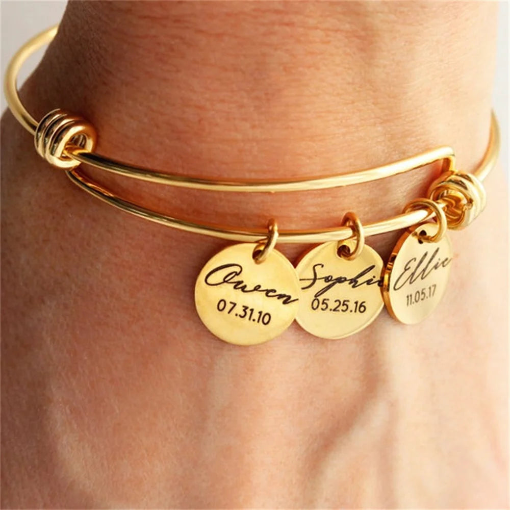 Custom Engraved Name Bangle – Adjustable Heart Pendant Bracelet for Women