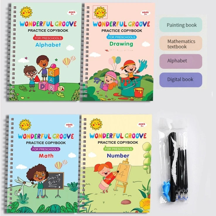 Magic Copybook Set – Reusable Calligraphy Practice with Grooves Template for Kids