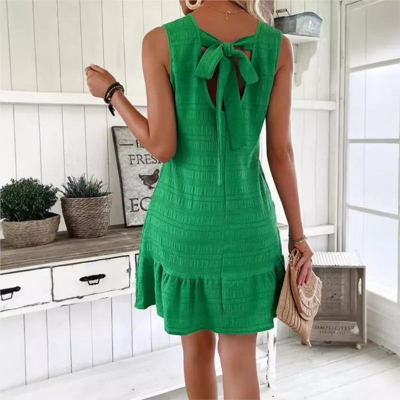 Women’s Summer Mini Dress – Sleeveless Ruffles with Back Bow, Casual Beach Holiday Dress
