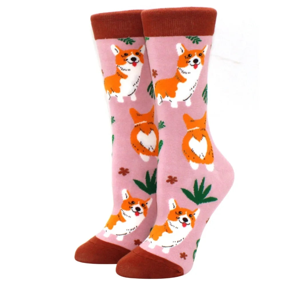Cute Puppy Cartoon Socks – Corgi & Schnauzer Mid-Tube Unisex Breathable Comfort