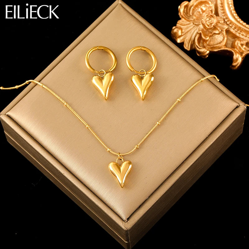EILIECK Gold Heart Necklace & Earrings Set – Waterproof Stainless Steel Jewelry