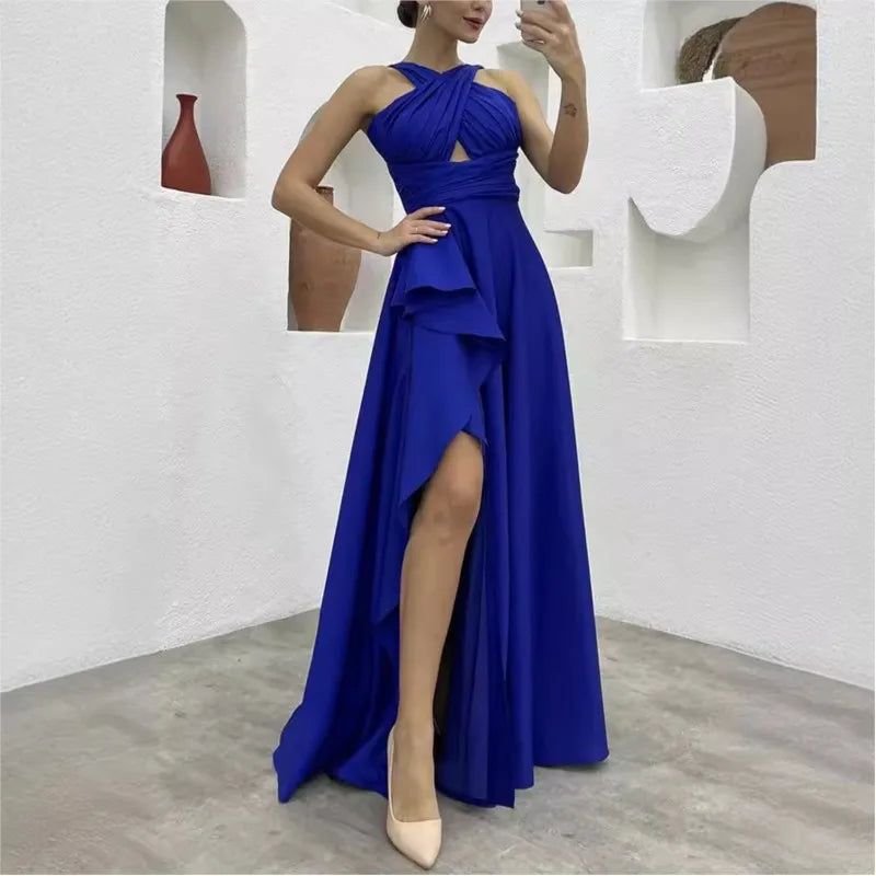 Elegant Sleeveless High Waist Ruffle Slit Corset Prom Dress
