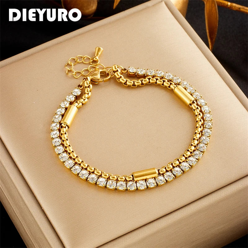 DIEYURO 2-in-1 Zircon Bracelet – 316L Stainless Steel Chain for Women