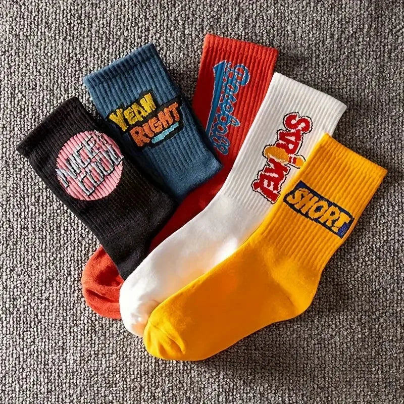 5 Pairs Unisex Letter Print Cotton Socks – Breathable Street Style for Couples