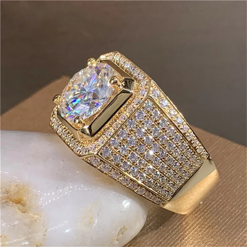 Solitaire 2CT Moissanite Ring for Men – 14K Gold Plated 925 Silver Wedding Band