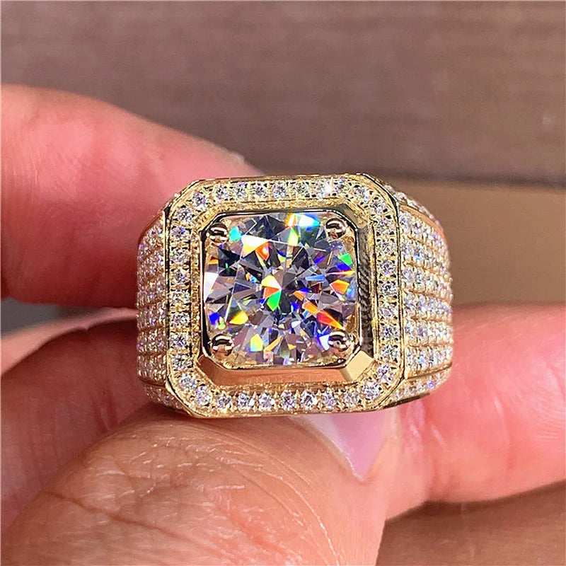 Solitaire 2CT Moissanite Ring for Men – 14K Gold Plated 925 Silver Wedding Band