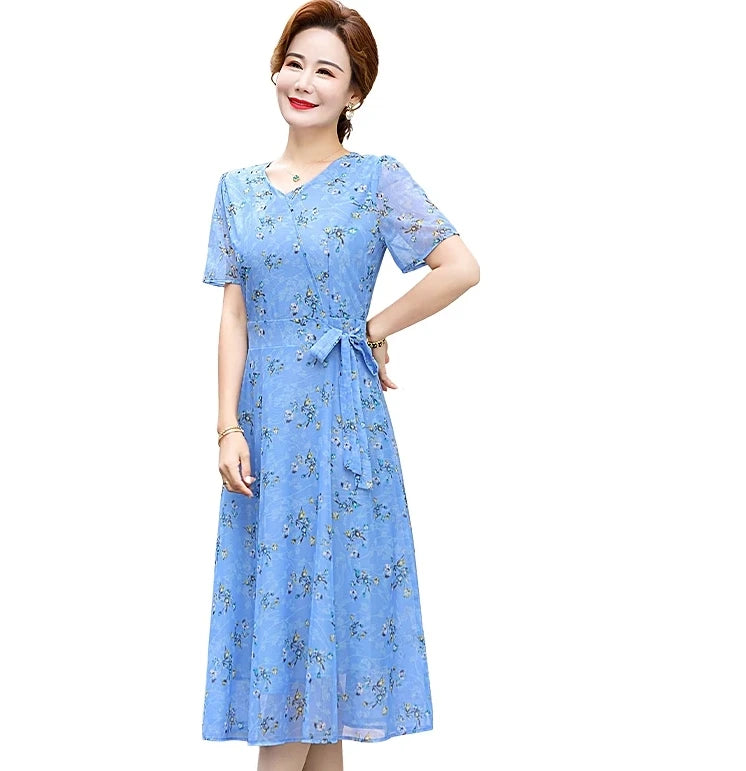 Summer Floral Print Chiffon Dress – Short Sleeve A-Line Beach Dress for Women