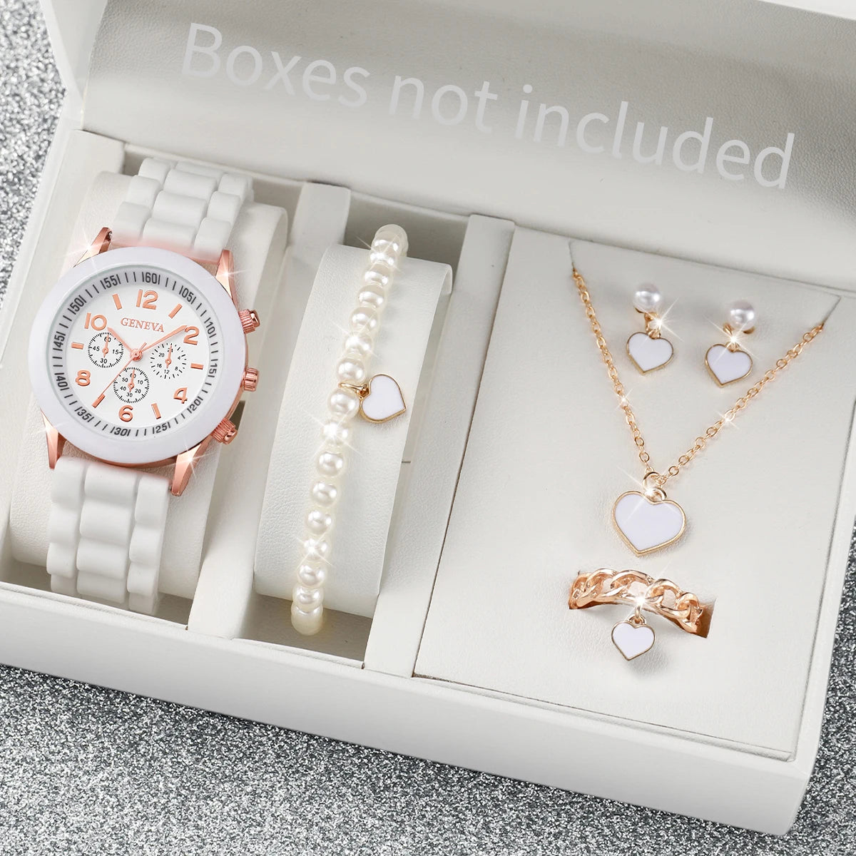 6-Piece Women's Watch Set – Silicone Band Quartz Watch with Heart & Pearl Jewelry (No Box)