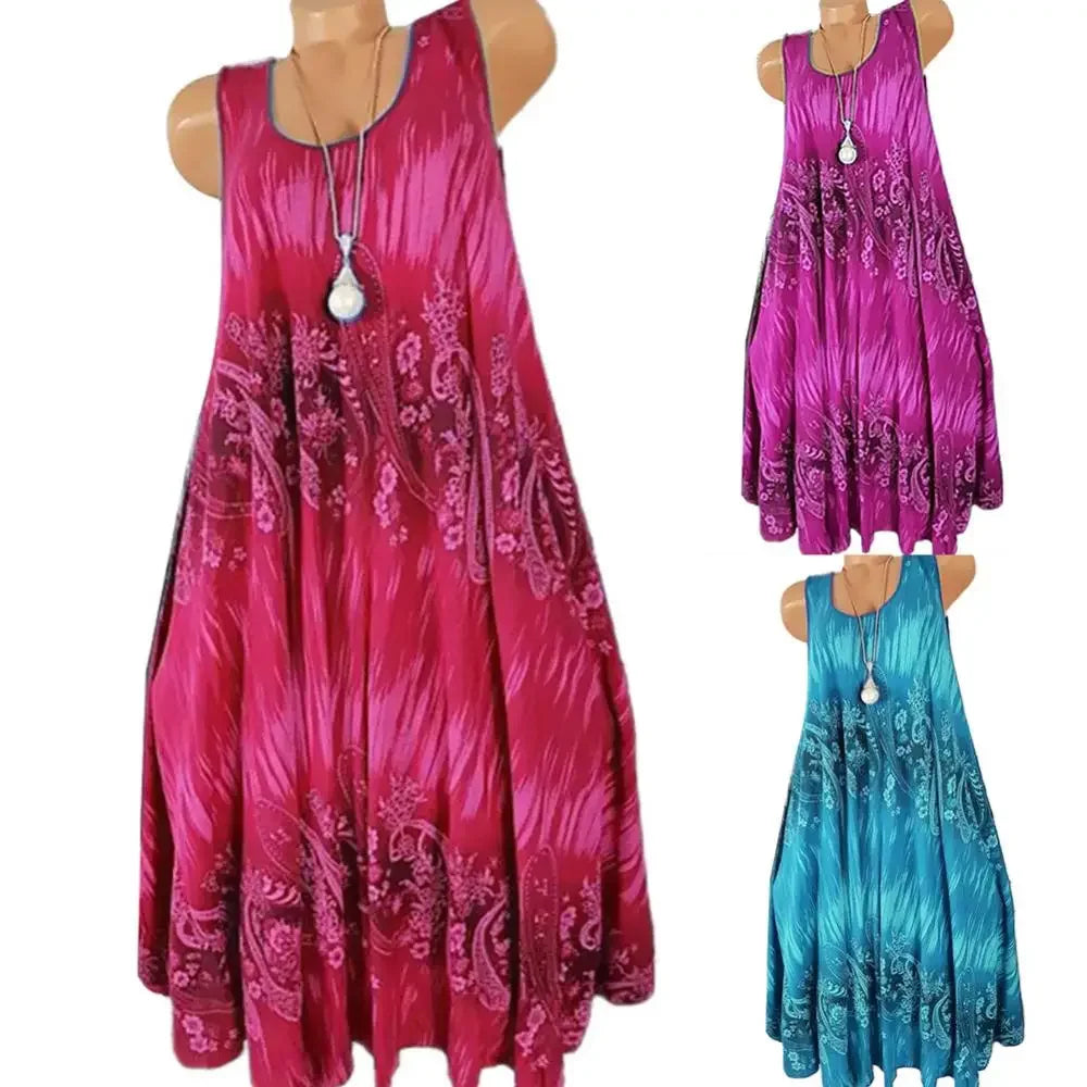 Summer Floral Tank Dress – Sleeveless, Loose Pleated Skirt for Women