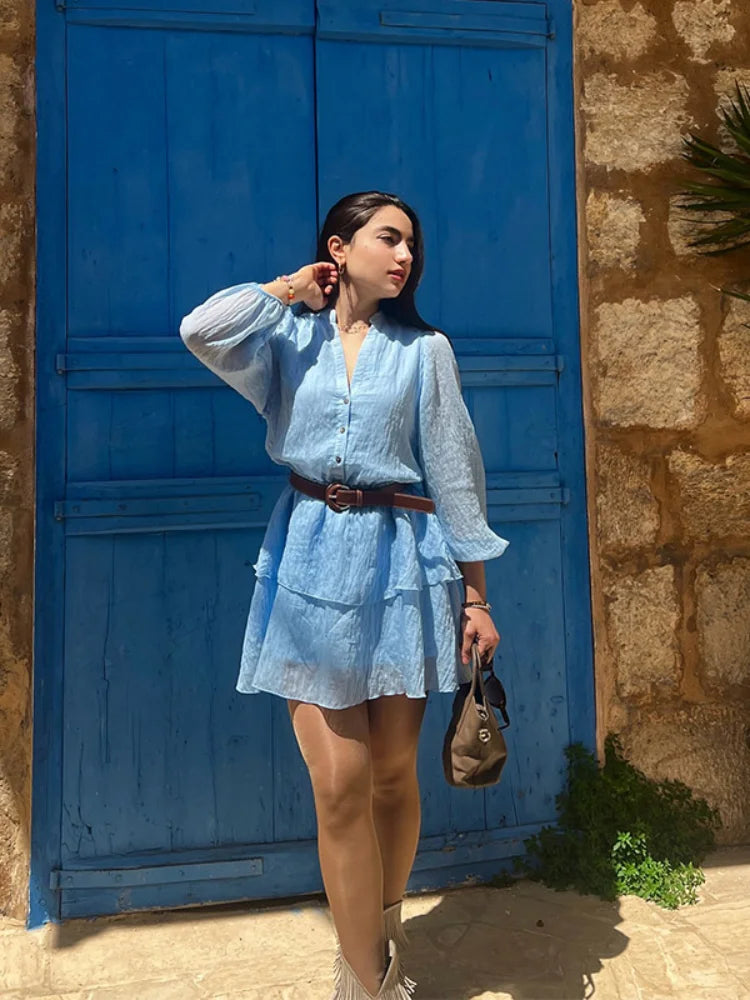 Sweet V-Neck Flare Sleeve Mini Dress – Elegant Pleated A-Line Gown 2025