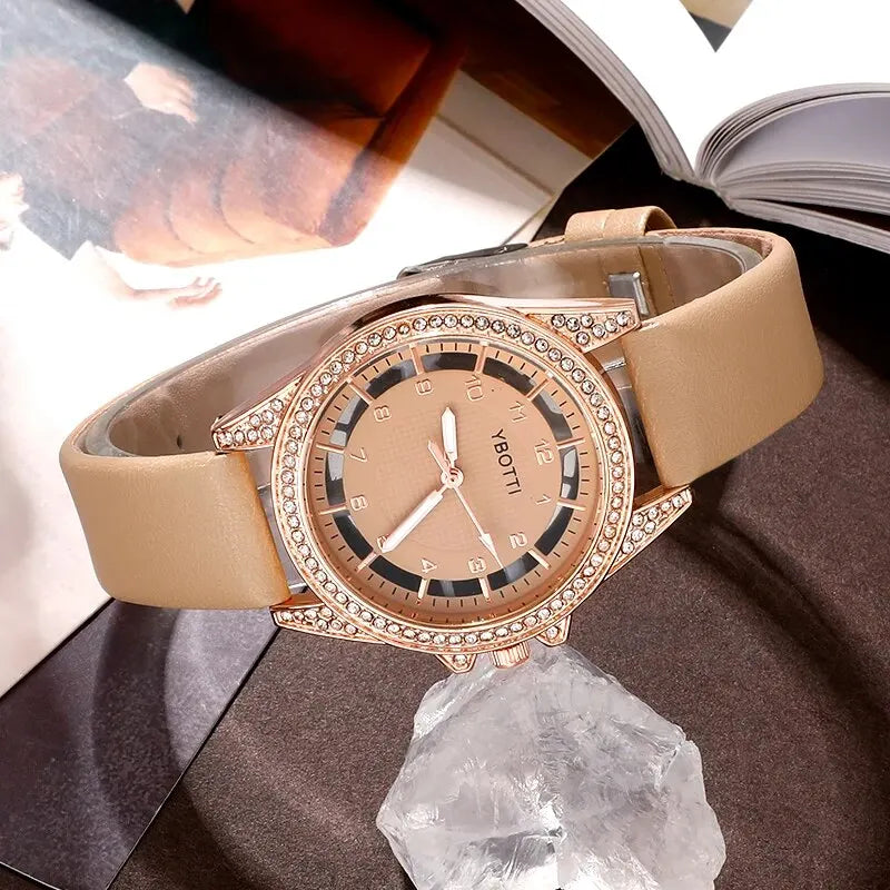 Women's Fashion Quartz Watch – Luxury Khaki Leather Band with Bracelet Set