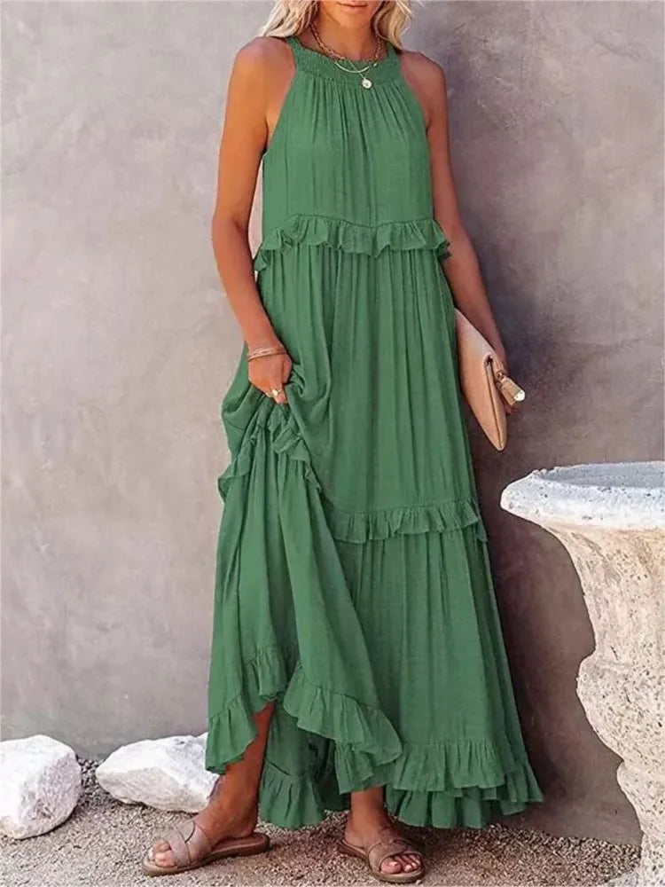 Women’s Spring/Summer Ruffle Edge Beach Skirt – Casual Solid Color Swing Maxi Skirt