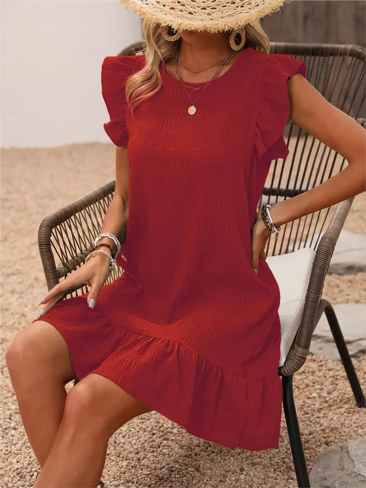 Women’s Summer O-Neck Pleated Sundress – Ruffle Sleeve Sweetheart Mini Dress in Green