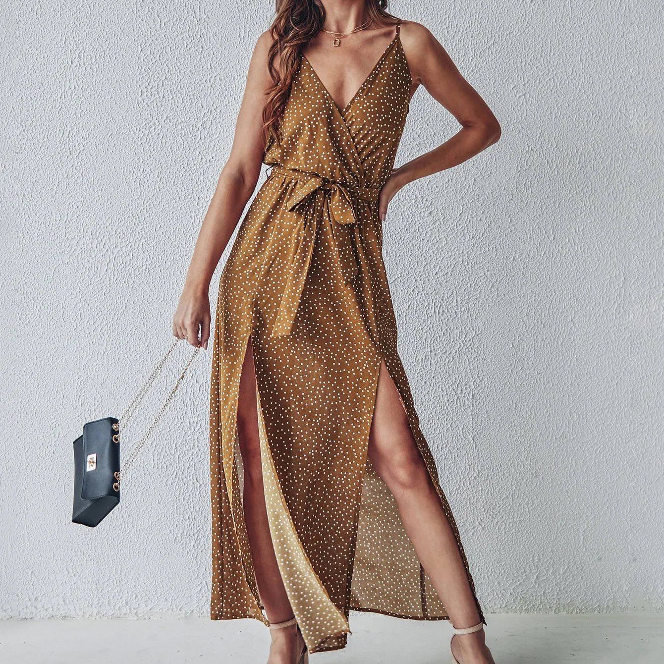 Women’s Summer Floral Print Midi Dress – Backless Lace-Up, Slit Beach Sundress