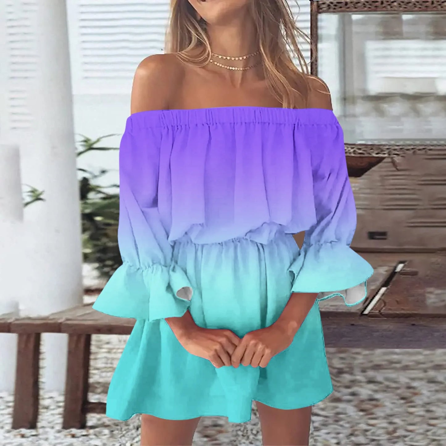 Women’s Gradient Off-Shoulder Boho Sundress – Summer Slash Neck with Ruffles
