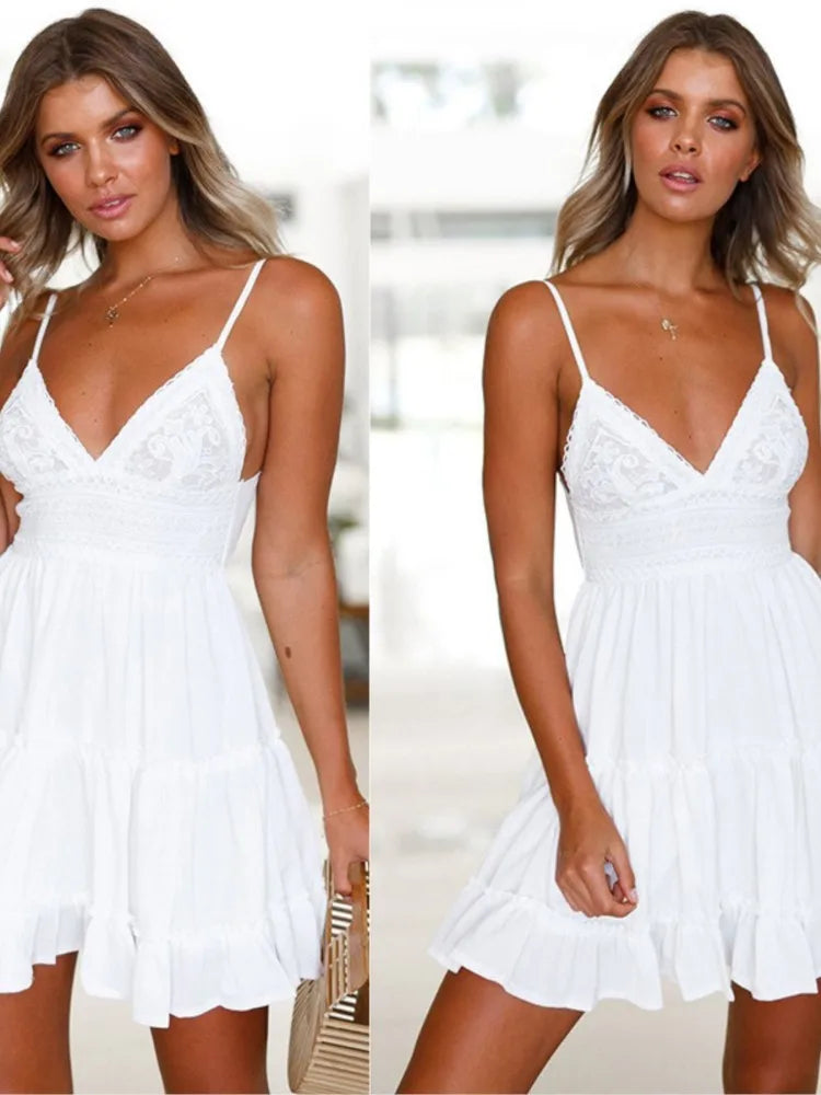 Women’s Summer Sexy White Spaghetti Strap Mini Dress – Casual Beach Party