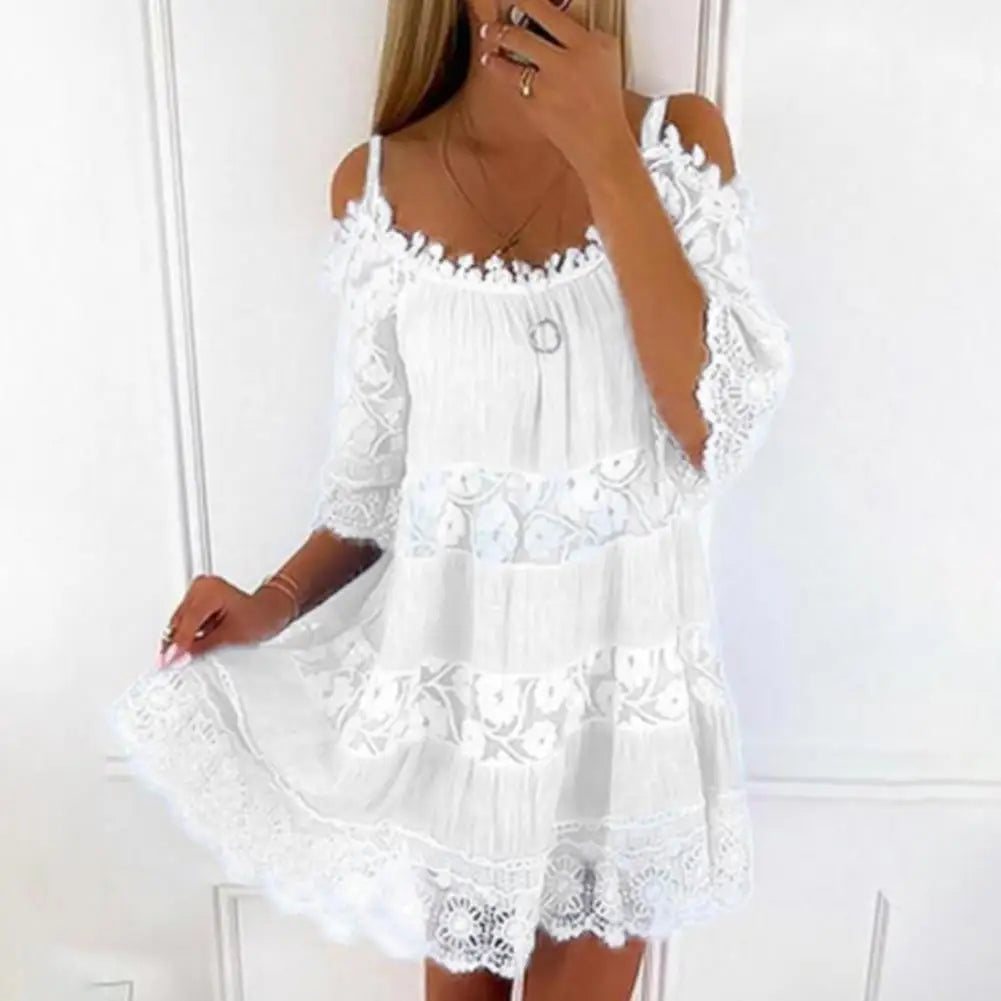 Women's Cold Shoulder Crochet Lace Mini Dress – Summer Beach Style