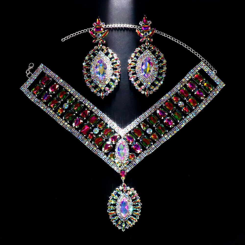 AB Color Rhinestone Jewelry Set – Statement Necklace & Earrings for Women