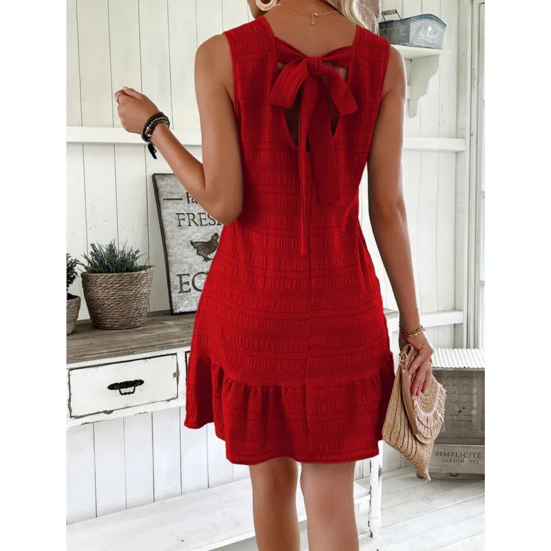 Women’s Summer Mini Dress – Sleeveless Ruffles with Back Bow, Casual Beach Holiday Dress