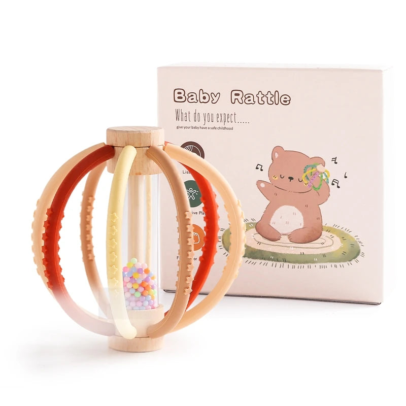 Wooden Baby Rain Drum Rattle with Silicone Teether – Sensory Toy for Newborns