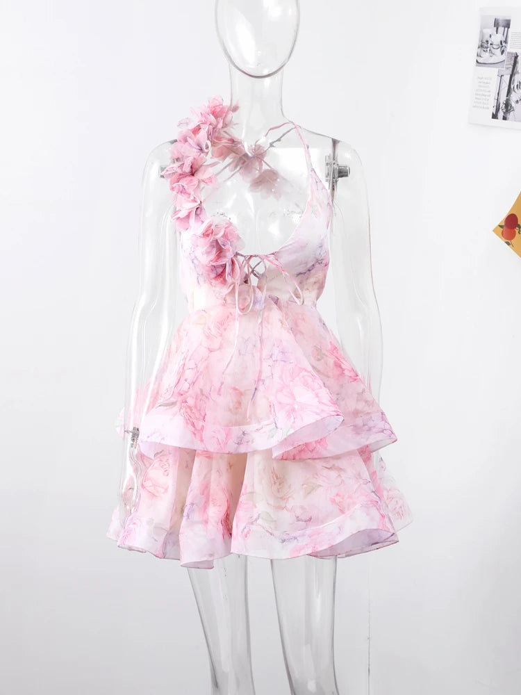 Elegant Floral Puff Sleeve Mini Dress – 3D Flower V-Neck Summer Gown