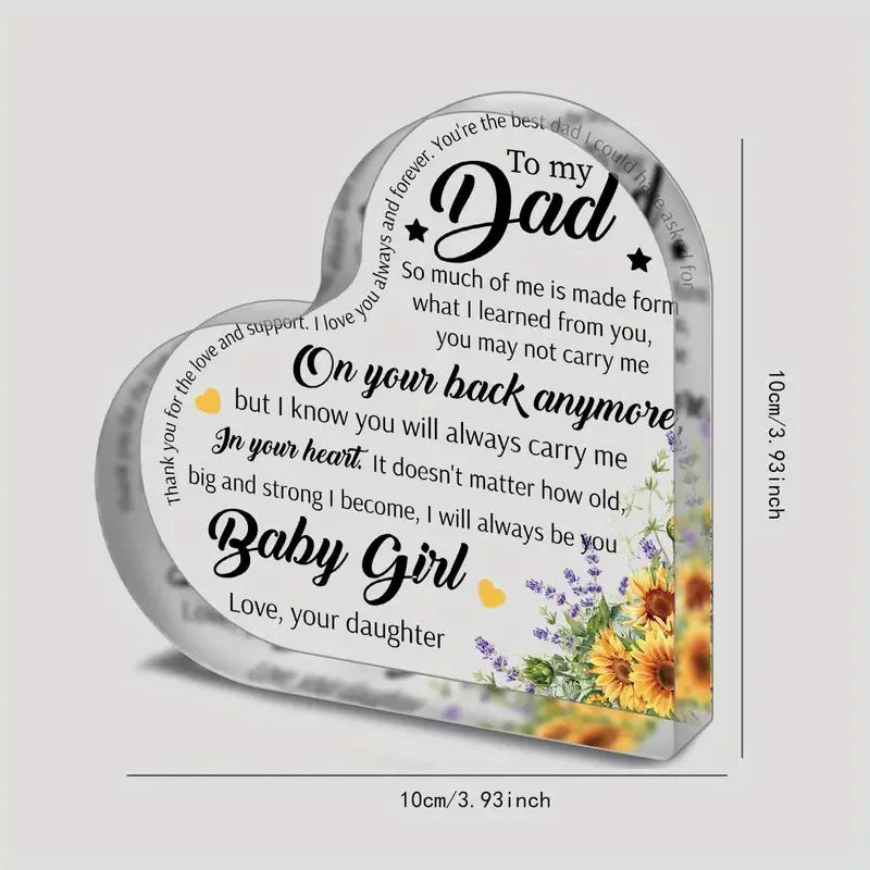 Heart Shape Acrylic Plaque for Dad Mom Birthday Father's Day Thankful Quote Blessed Wish Memorial Keepsake Gift Thank you Dad