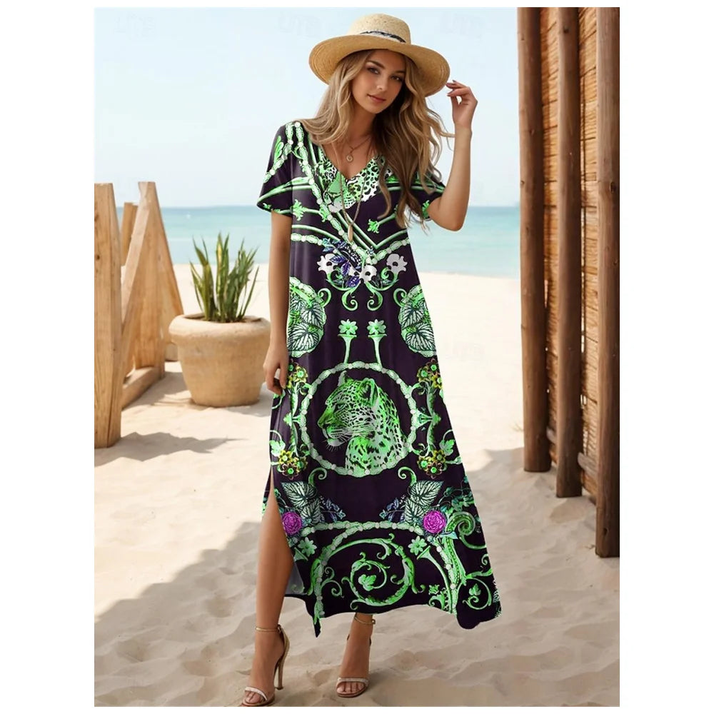 Women’s V-Neck Bohemian Dress – Short Sleeve Summer Skirt with Slit