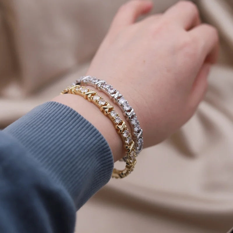 2024 French Design Two-Color Plated Zircon Letter X Bracelet – Elegant Women's Work Accessory