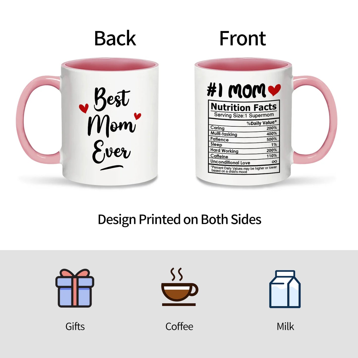 Best Mom Coffee Mug – 11oz Ceramic, Double-Sided Design (Pink)