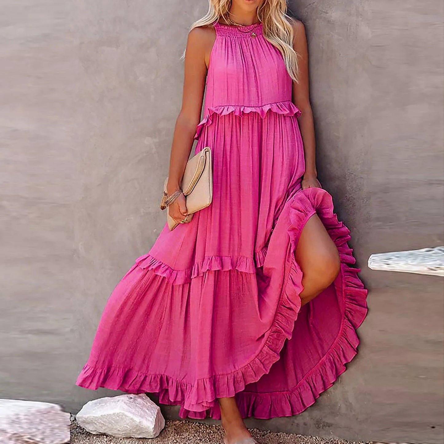 Women’s Casual Ruffle Maxi Dress – Sleeveless Summer Sundress for Beach & Parties