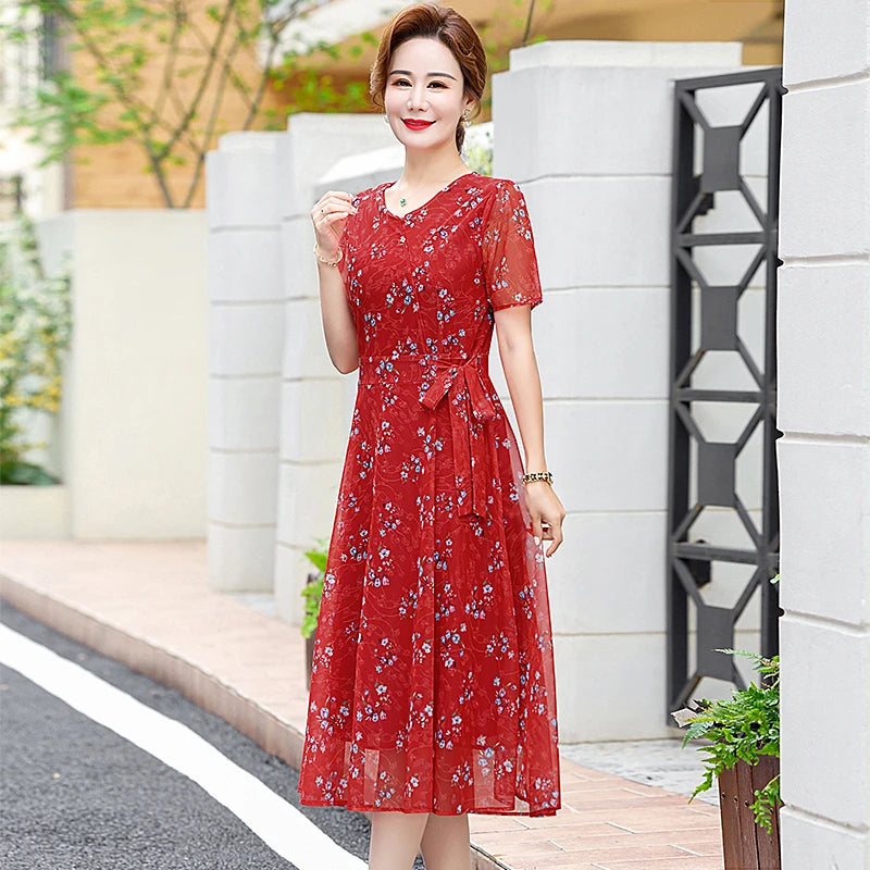Summer Floral Print Chiffon Dress – Short Sleeve A-Line Beach Dress for Women