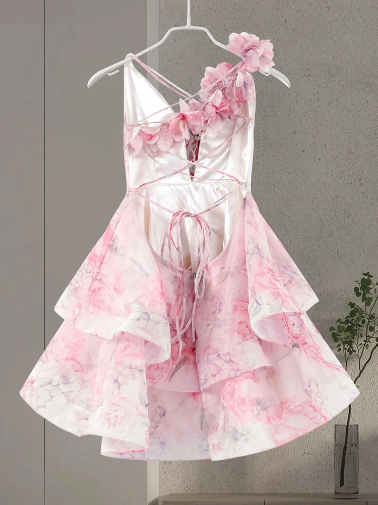 Elegant Floral Puff Sleeve Mini Dress – 3D Flower V-Neck Summer Gown