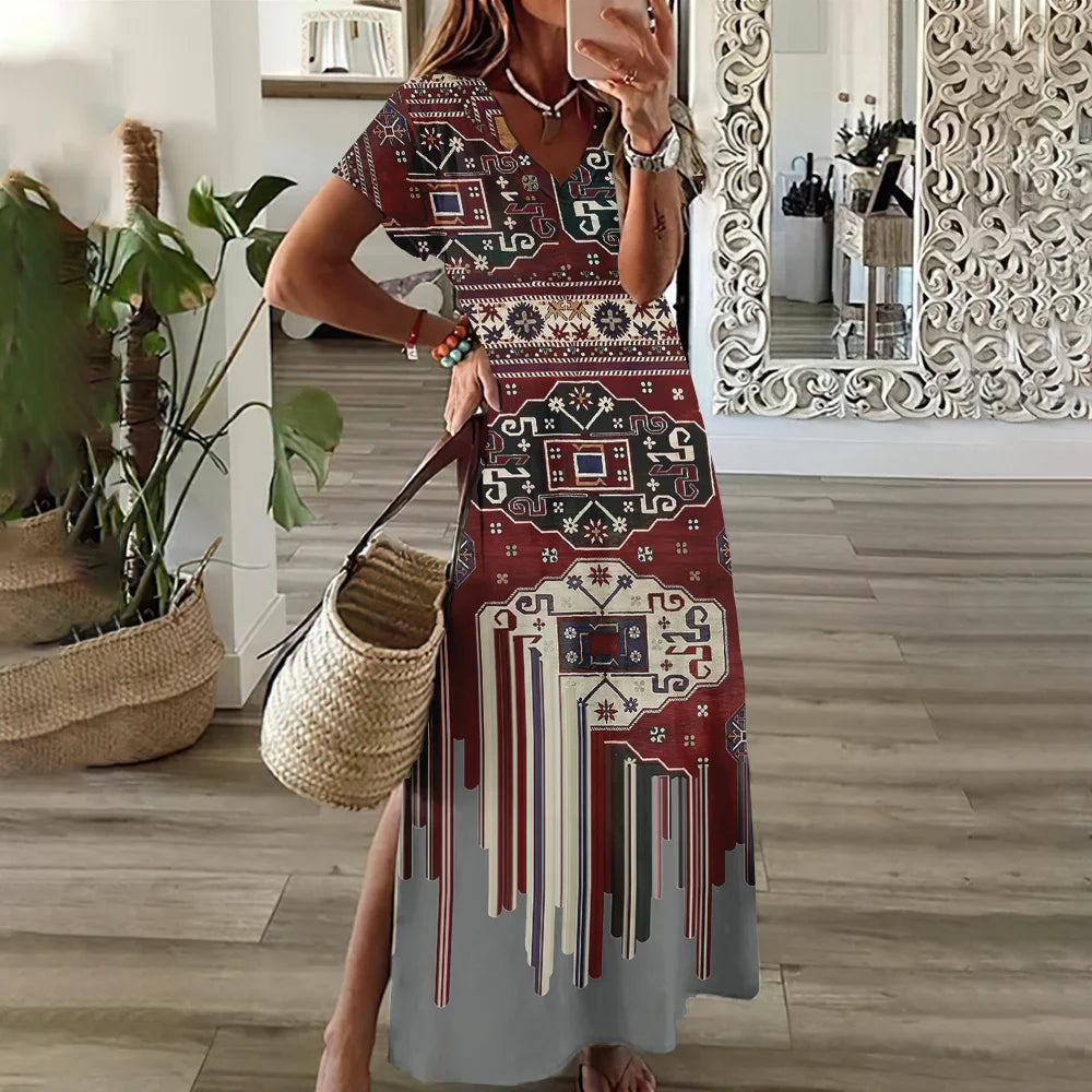 Women’s V-Neck Bohemian Dress – Short Sleeve Summer Skirt with Slit