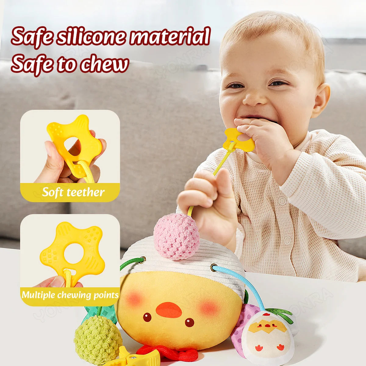 Plush Pull String Sensory Rattle Toy – Montessori Travel Toy for Babies