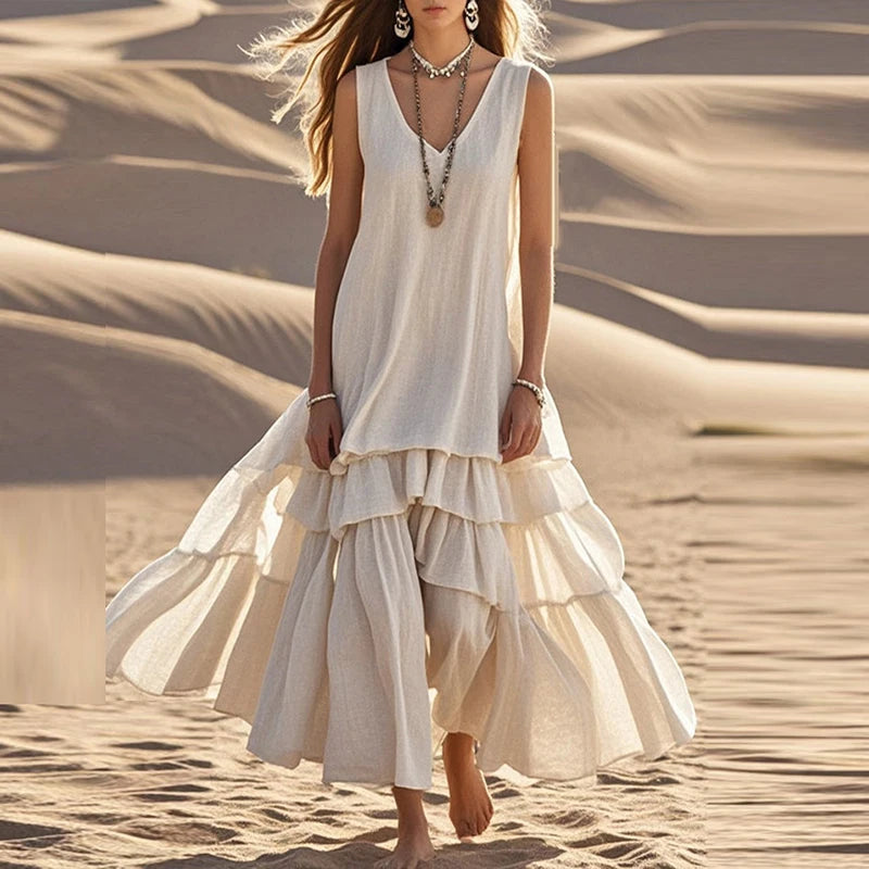 Women’s Retro Cotton Linen Pleated Maxi Dress – V-Neck Sleeveless Boho Beach Dress
