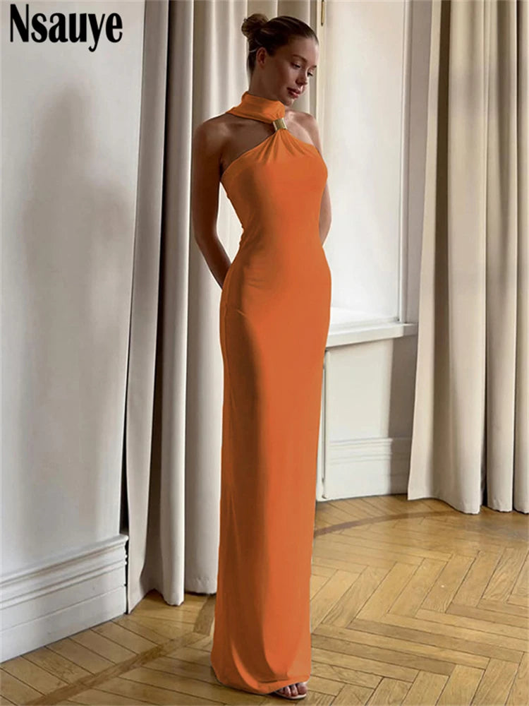 Nsauye Women Sexy Halter Off-Shoulder Evening Dress – 2025 Summer Partywear