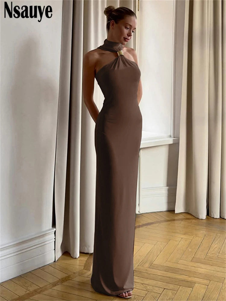 Nsauye Women Sexy Halter Off-Shoulder Evening Dress – 2025 Summer Partywear