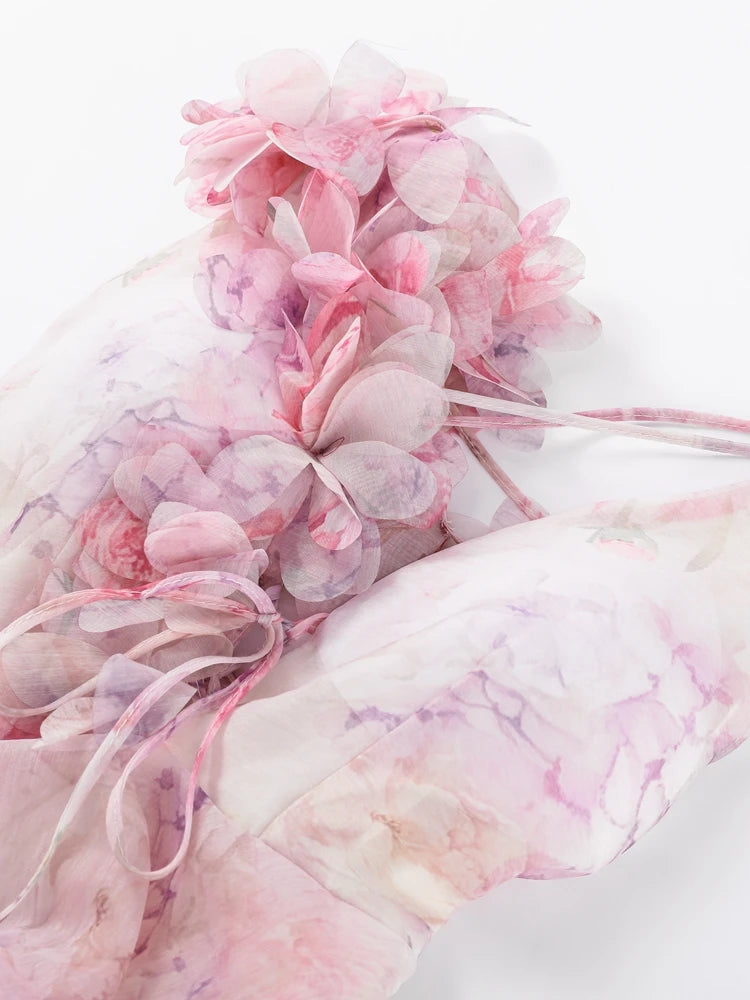 Elegant Floral Puff Sleeve Mini Dress – 3D Flower V-Neck Summer Gown