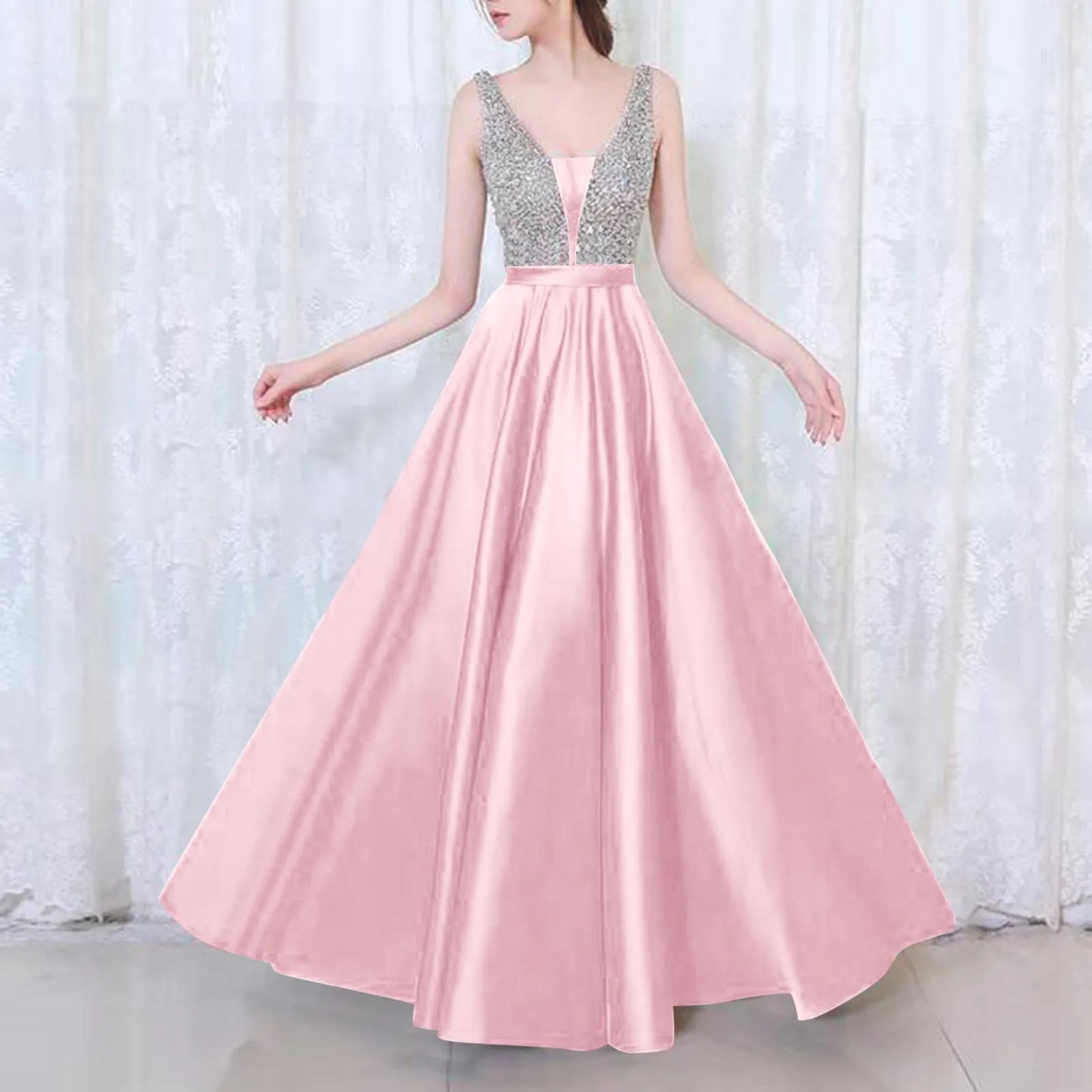 Sequin V-Neck Evening Dress – Elegant Sleeveless Sparkly Prom Gown