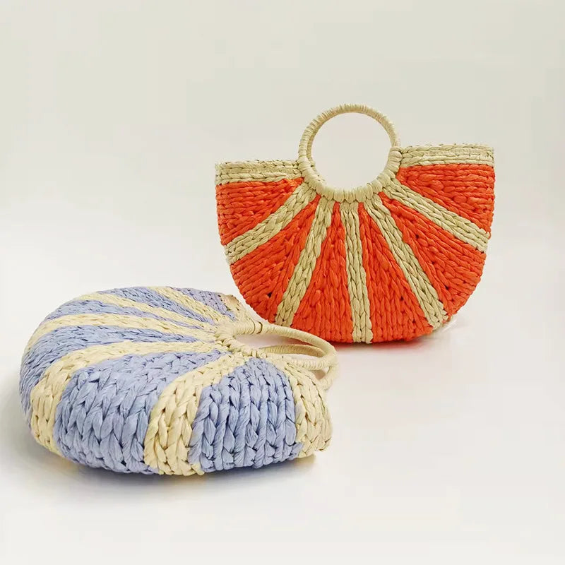 Boho Straw Tote - Half-Moon Woven Bag